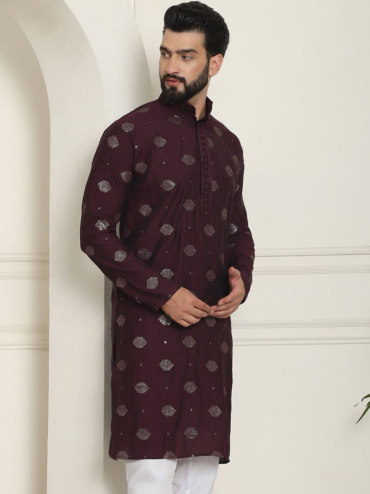 SOJANYA Dihiasi Geometrik Kolar Mandarin Kolar Kapas Sutera Lurus Kurta