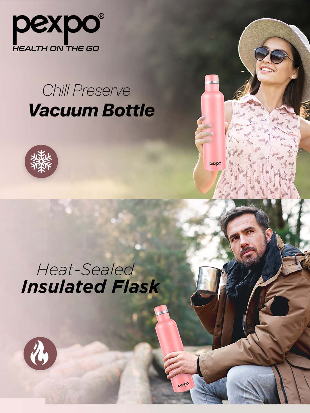 Pexpo Oreo Pink Solid Stainless Steel Double Wall Vacuum Water Bottle - 1L