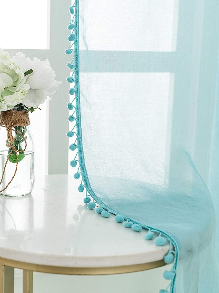 URBAN SPACE Blue 2 Pieces Linen Sheer Long Door Curtains