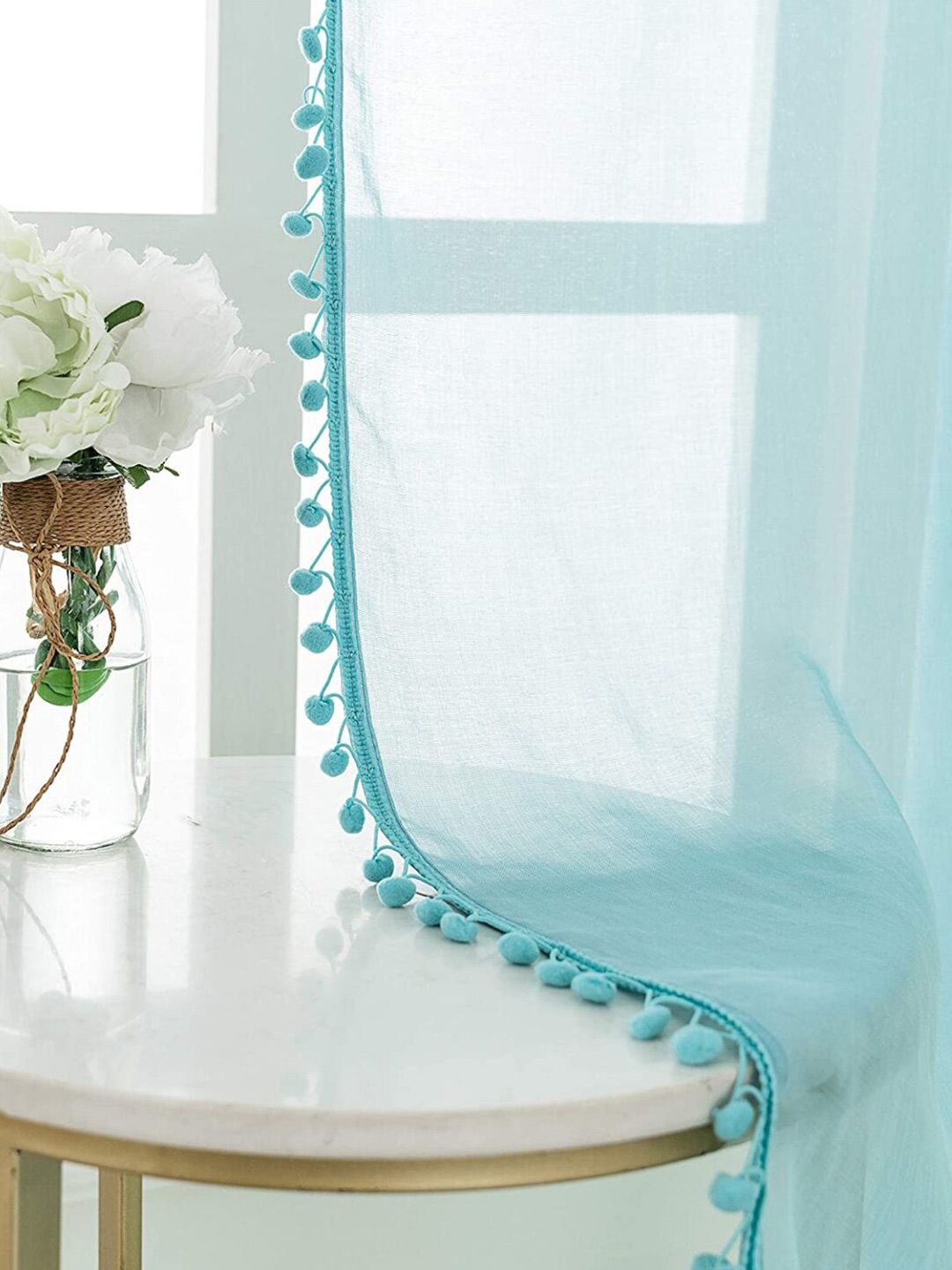 URBAN SPACE Blue 2 Pieces Linen Sheer Long Door Curtains