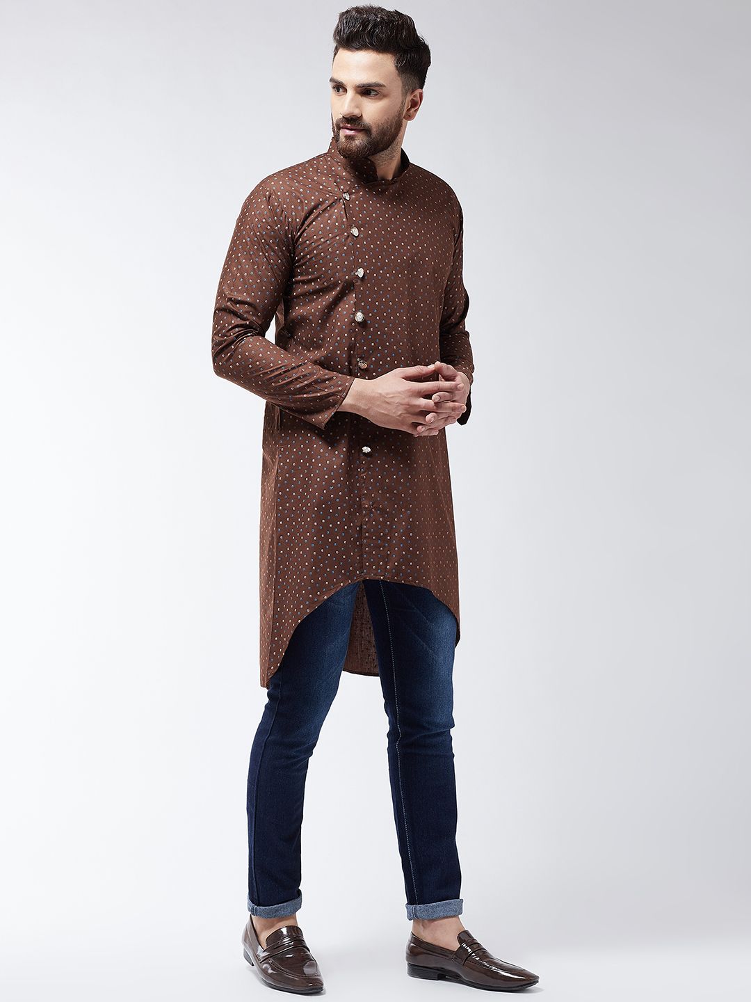 SOJANYA Men Brown Printed Cotton Linen Straight Kurta