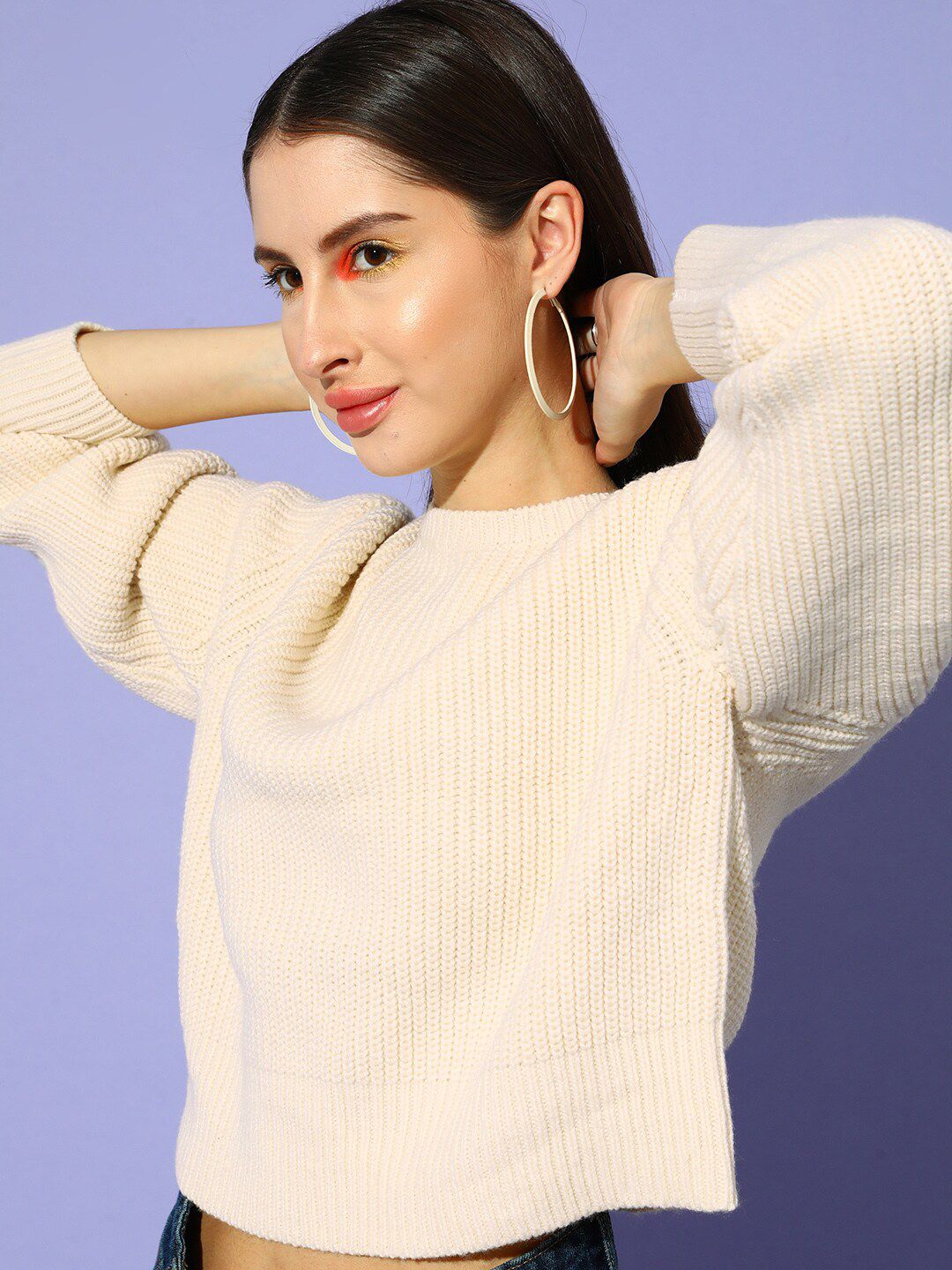 STREET 9 Women Off White Ribbed Crop Pullover