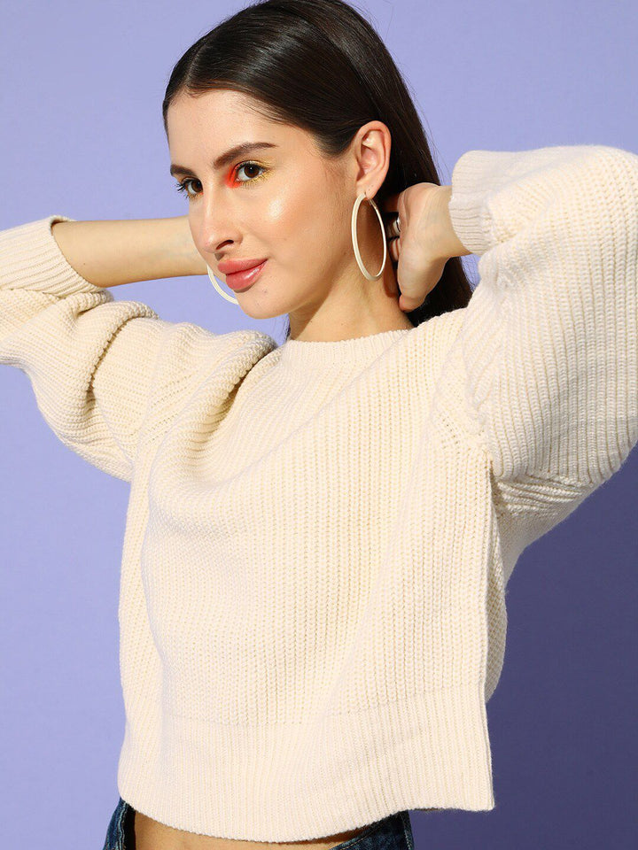 STREET 9 Women Off White Ribbed Crop Pullover