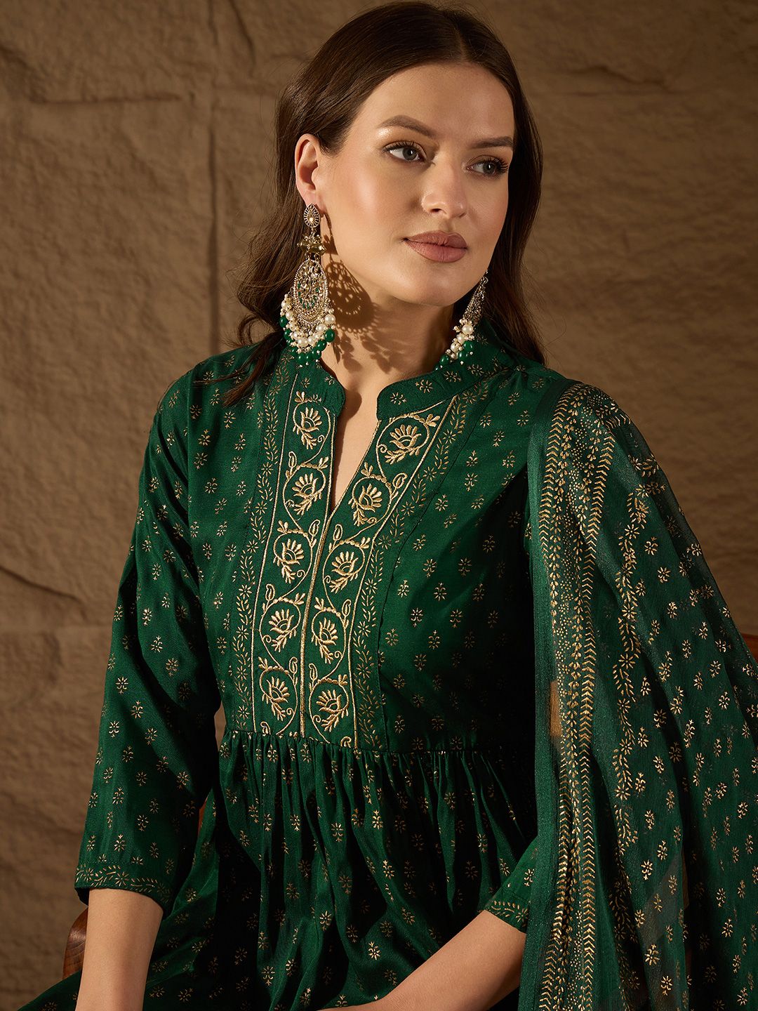 KALINI Floral Embroidered Empire Thread Work Kurta with Trousers & With Dupatta