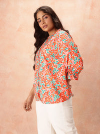 all about you Plus Size Floral Print Mandarin Collar Puff Sleeve Shirt Style Top