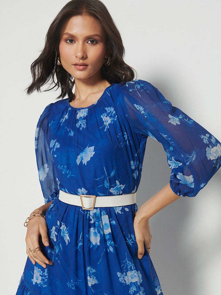AND Floral Printed Puff Sleeves Gathered Detailed Fit & Flare Dress