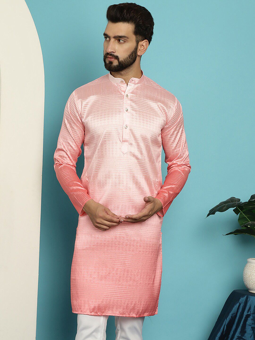 SOJANYA Ethnic Motifs Woven Design Jacquard Mandarin Collar Straight Kurta