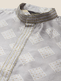 SOJANYA Ethnic Motifs Printed Mandarin Collar Thread Work Silk Cotton Kurta