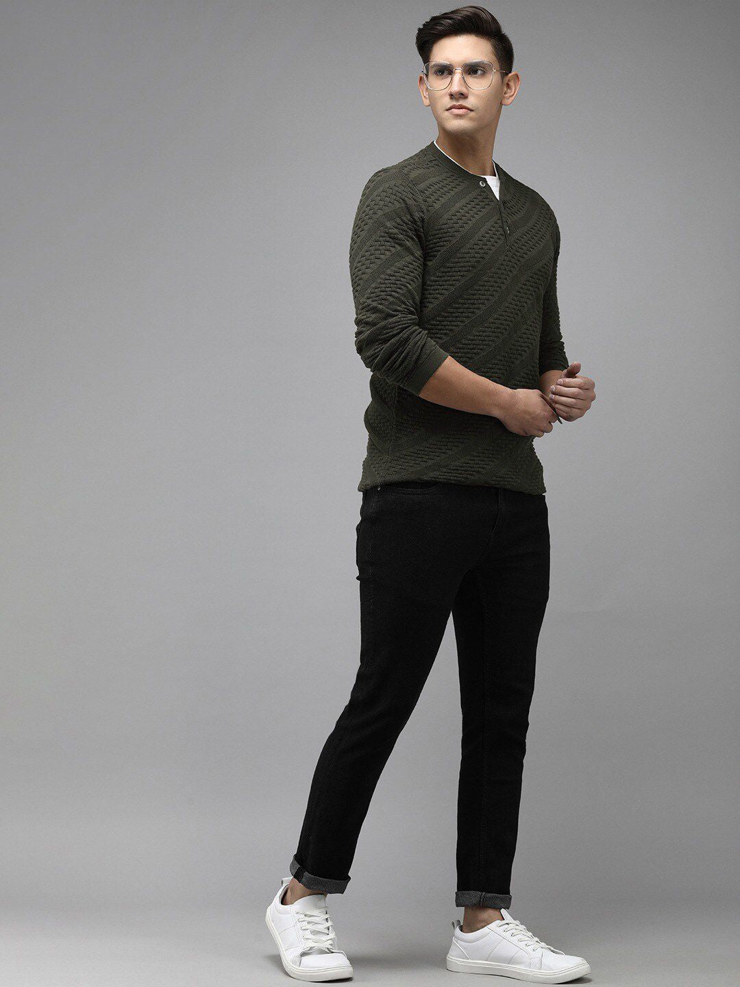 THE BEAR HOUSE Men Ardor Edition Self Design Henley Neck Slim Fit Pure Cotton T-shirt