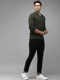 THE BEAR HOUSE Men Ardor Edition Self Design Henley Neck Slim Fit Pure Cotton T-shirt