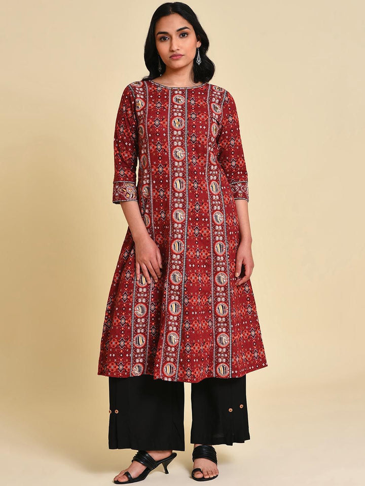 W Boat Neck Ethnic Motifs Printed Sequins Pure Cotton Straight Kurta