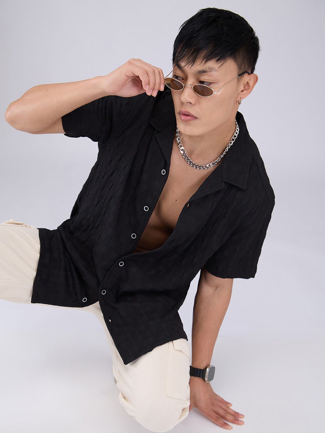 VASTRADO Men Classic Cuban Collar Textured Oversized Casual Shirt
