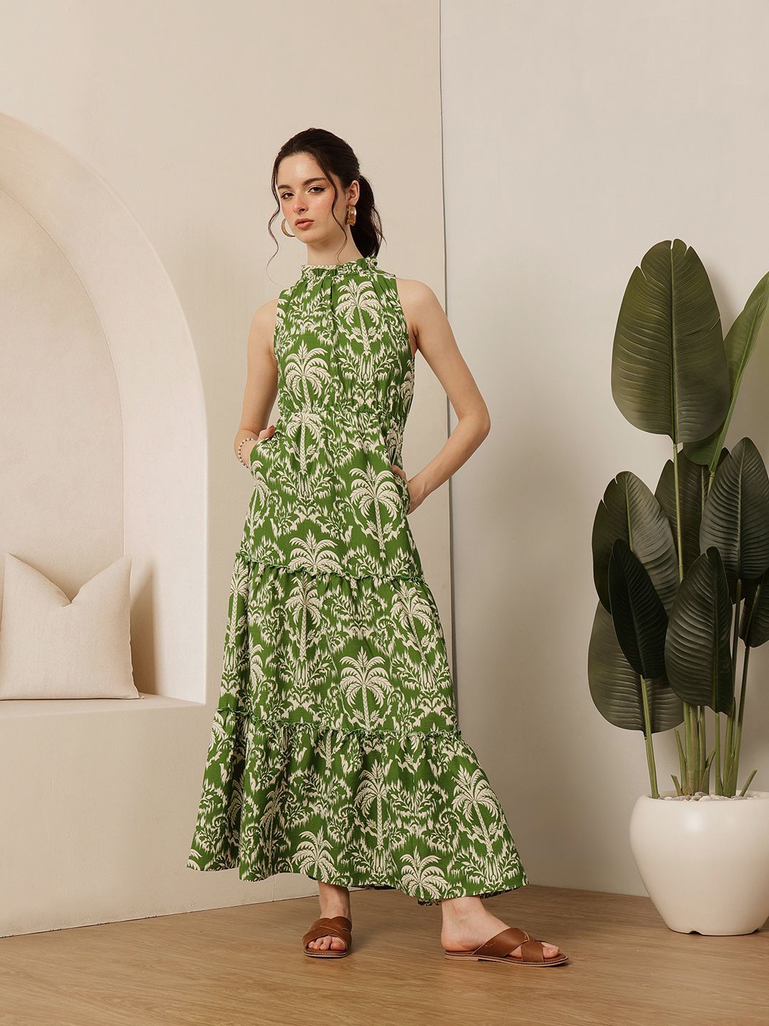 STREET 9 Women Tropical Printed Sleeveless Cotton Fit and Flare Maxi Dress