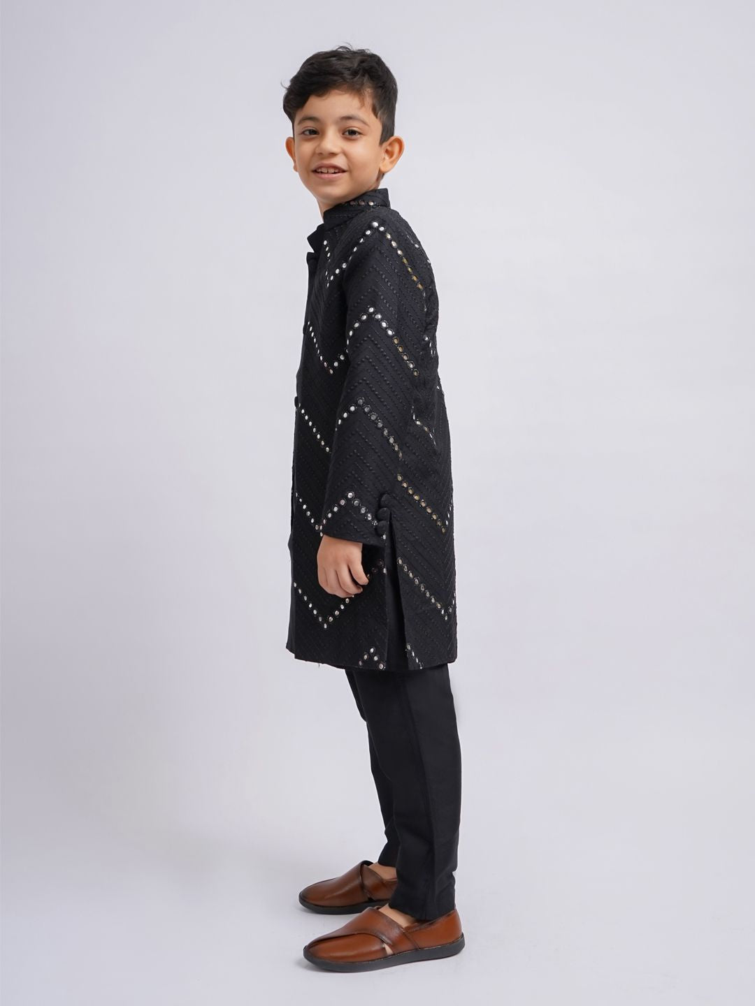 VASTRAMAY Boys Mirror Work Sherwani Over Kurta Pyjama