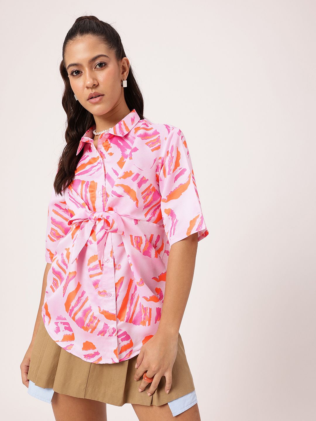 DressBerry Artistic & Intricate Printed Shirt With Waist Tie-Up