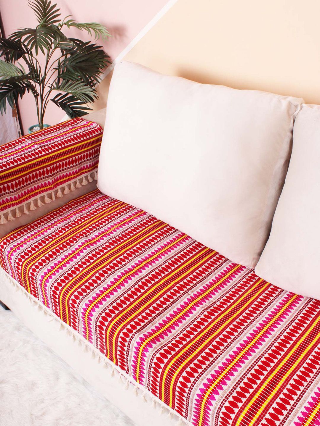 STITCHNEST Red & Pink Self Design Jacquard 2-Seater Sofa Cover