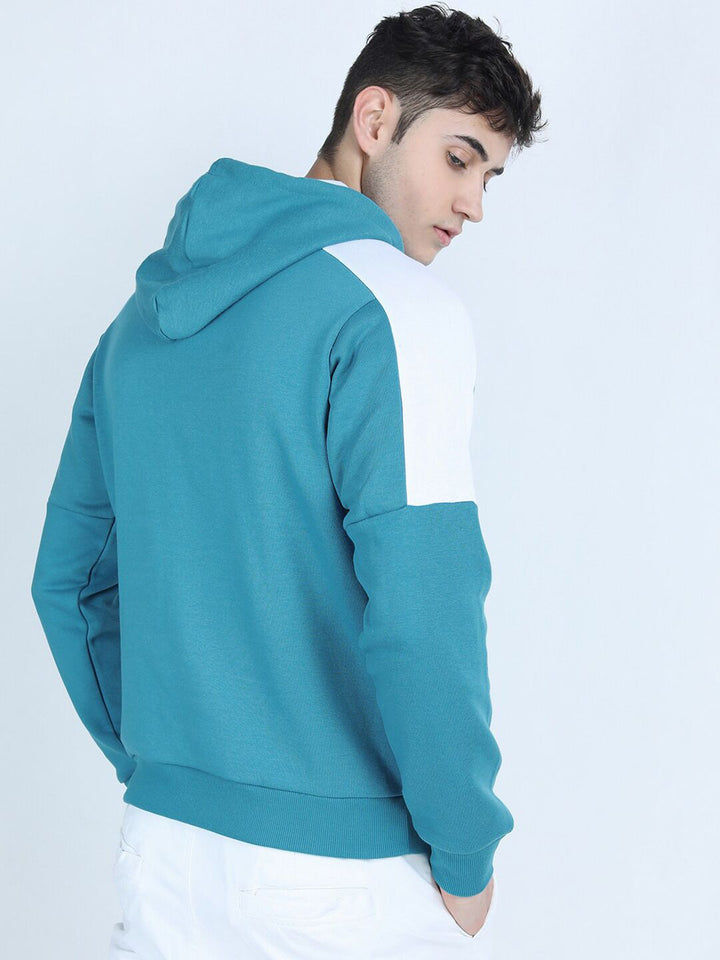 HIGHLANDER Men Teal Colourblocked Hooded Sweatshirt