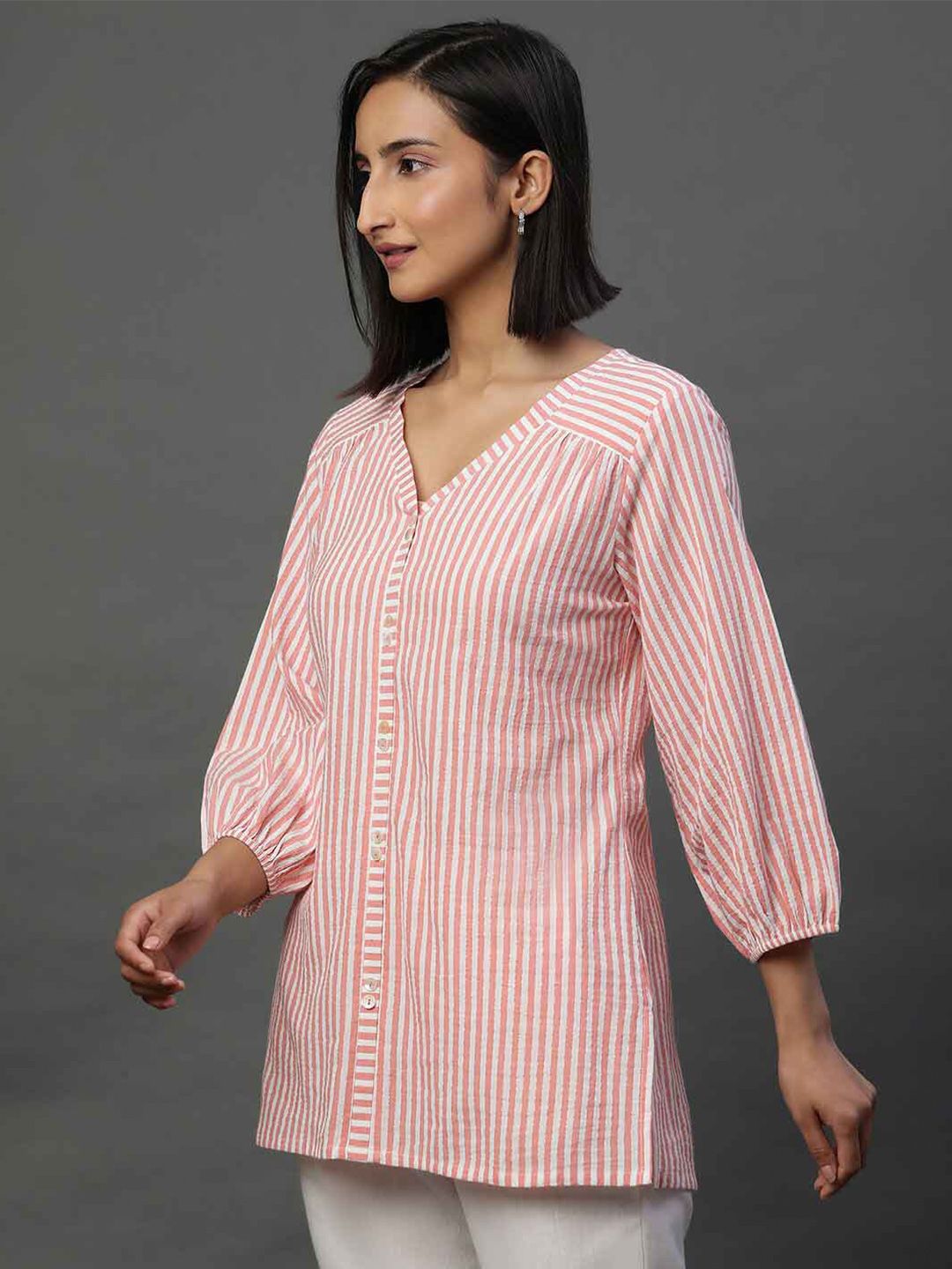 AURELIA Striped V-Neck Pure Cotton Kurti