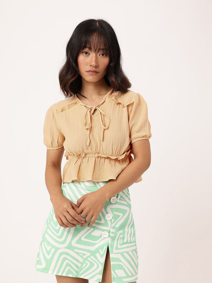 DressBerry Girly Glam Tie-Up Seersucker Ruched Peplum Crop Top