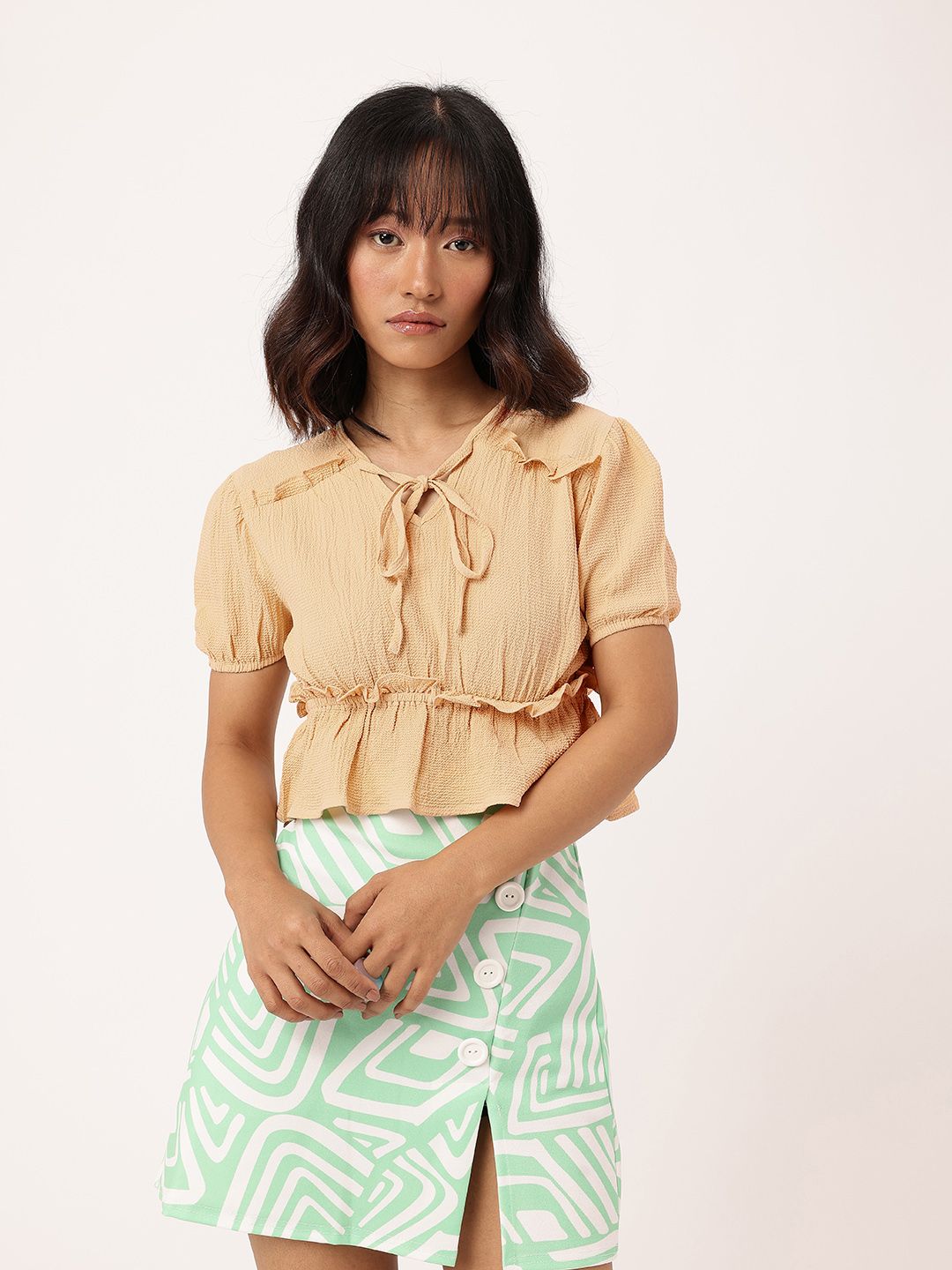 DressBerry Girly Glam Tie-Up Seersucker Ruched Peplum Crop Top