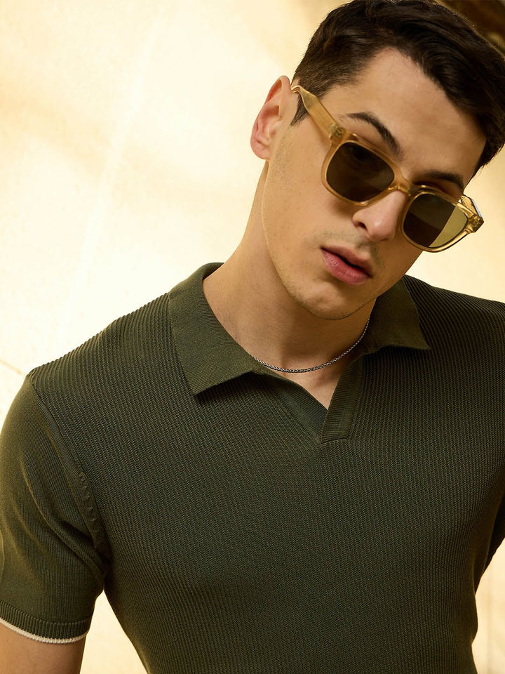 DENNISON Men Textured Polo Collar Knitted T-Shirt