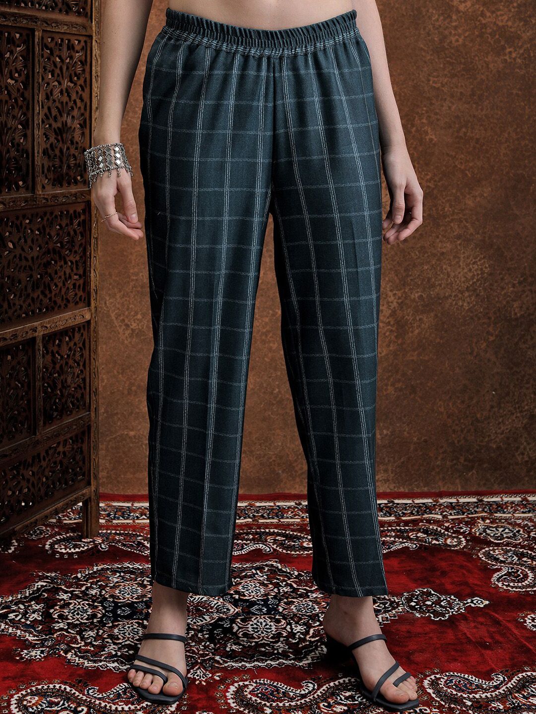 Vishudh Blue Ethnic Motifs Woven Design Mandarin Collar Straight Kurta With Trouser