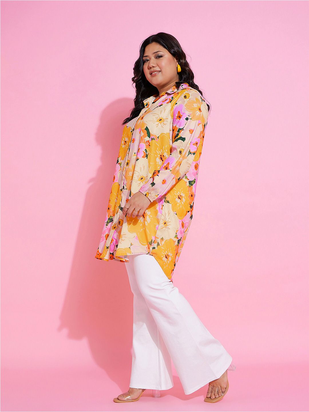 SASSAFRAS Curve Plus Size Floral Printed Comfort Longline Casual Shirt