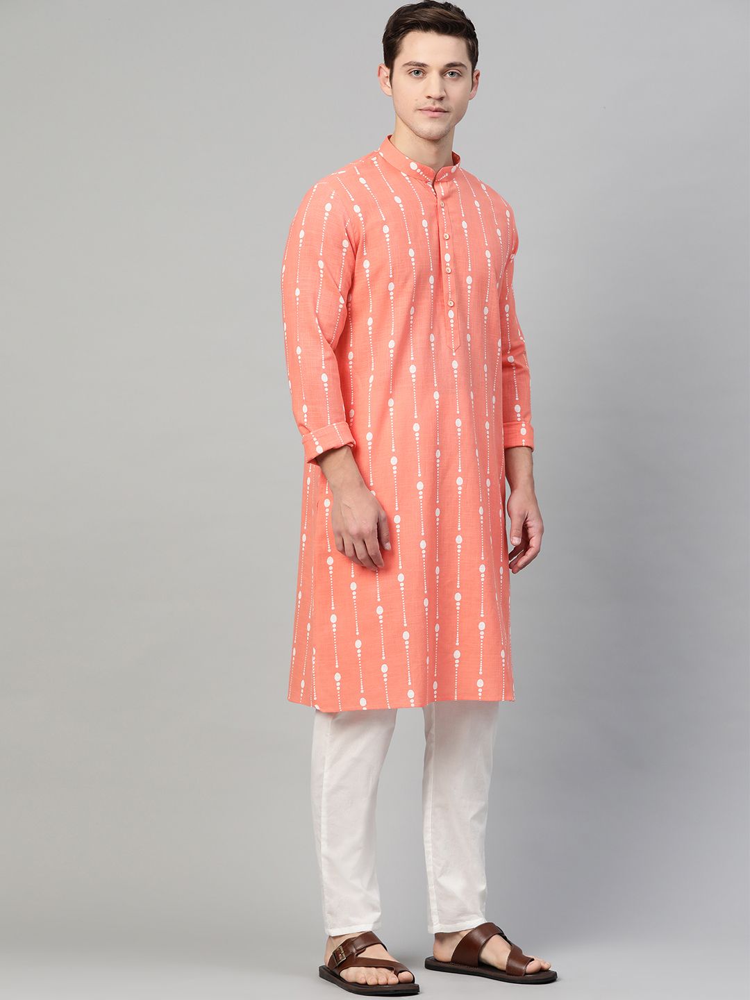 See Designs Men Peach-Coloured & White Printed Pure Cotton Straight Kurta