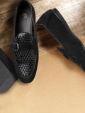 House of Pataudi Men Black Basketweave Textured Handcrafted Leather Loafers