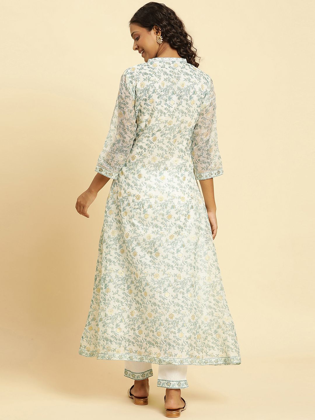 W Floral Printed Band Collar A-Line Kurta
