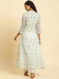 W Floral Printed Band Collar A-Line Kurta
