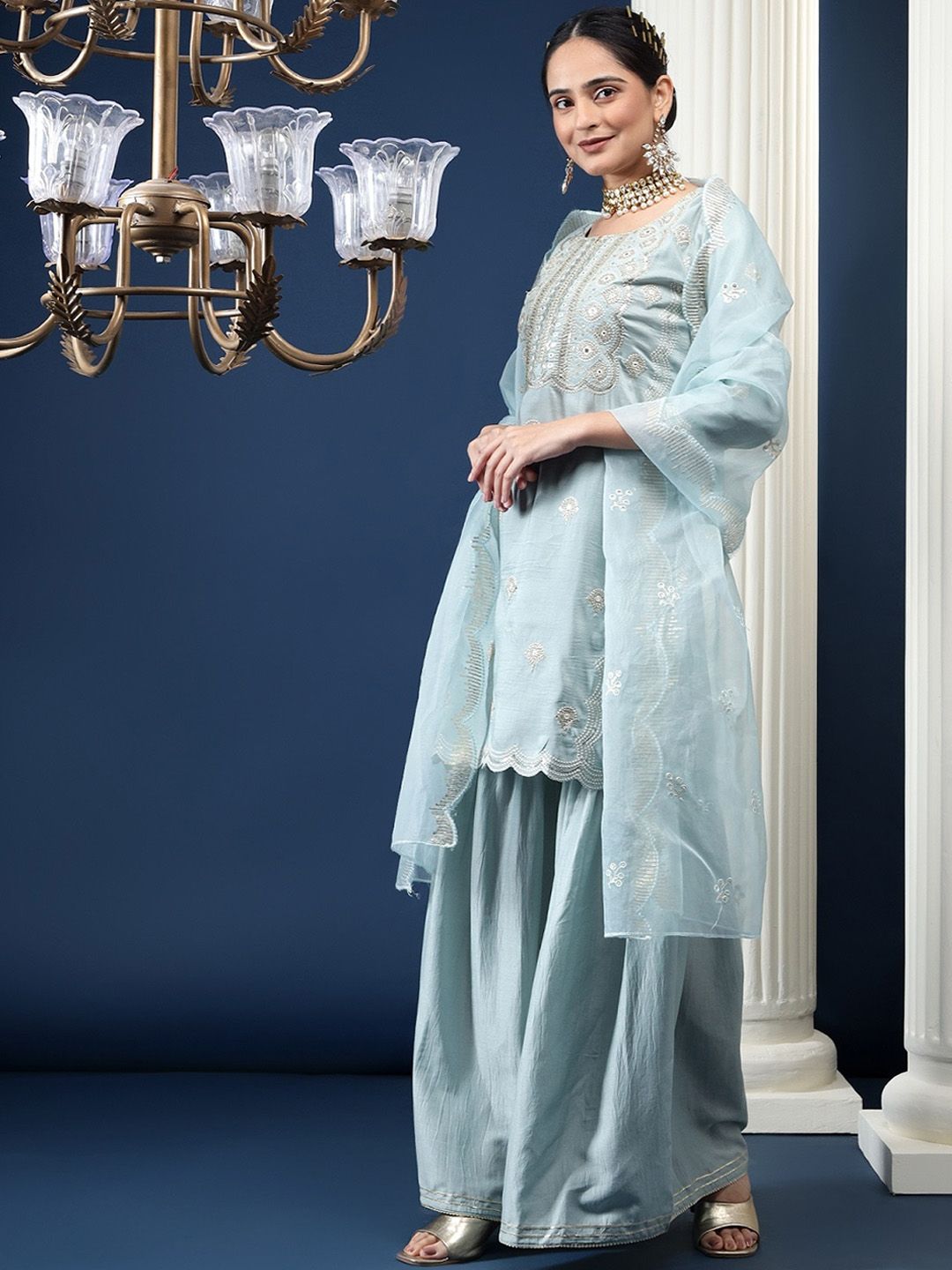 Bani Women Ethnic Motifs Embroidered High Slit Sequinned Kurta With Palazzos & Dupatta
