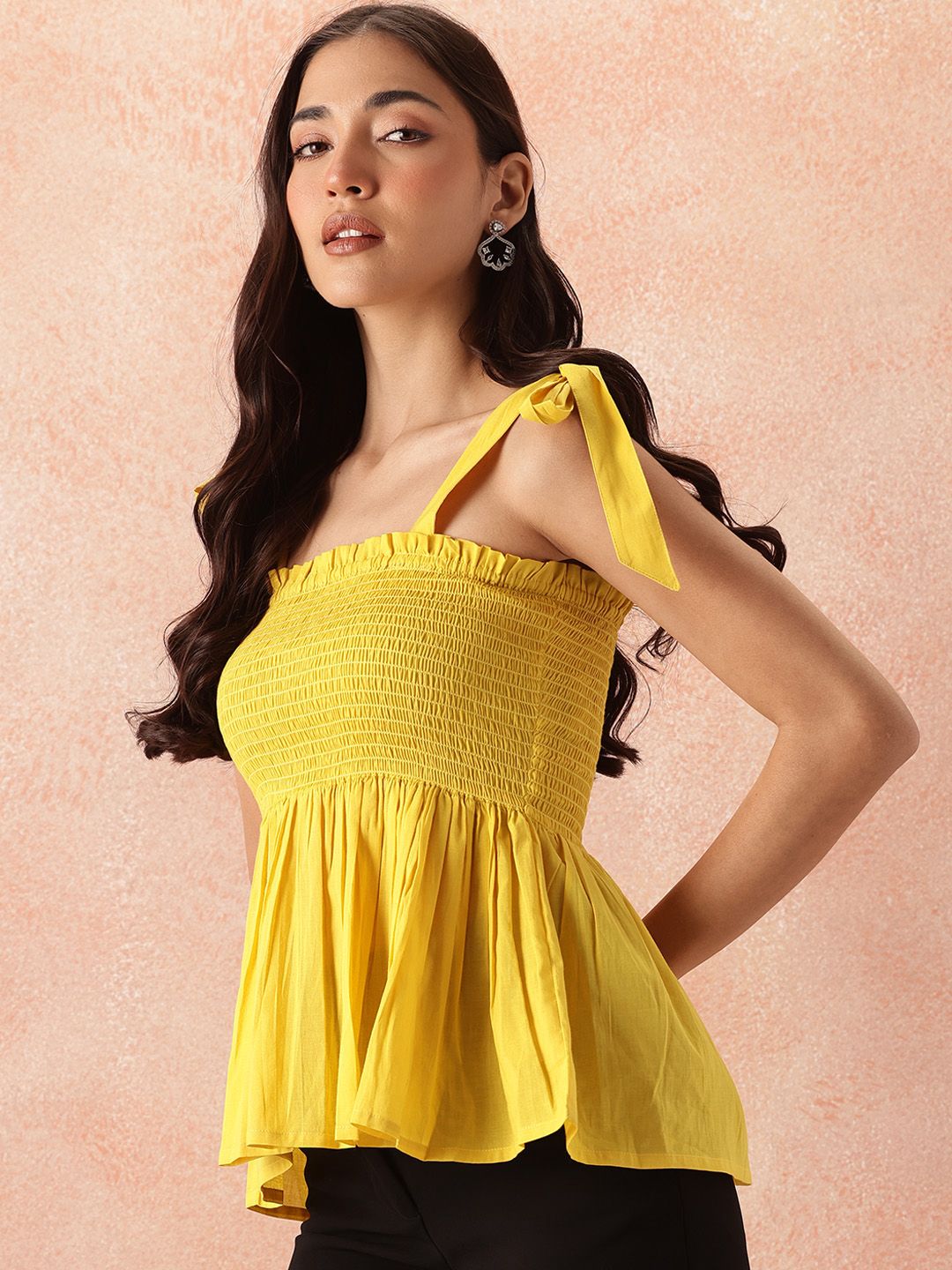 all about you Smocked Effect Tie-Up Detail Shoulder Straps Pure Cotton Peplum Top