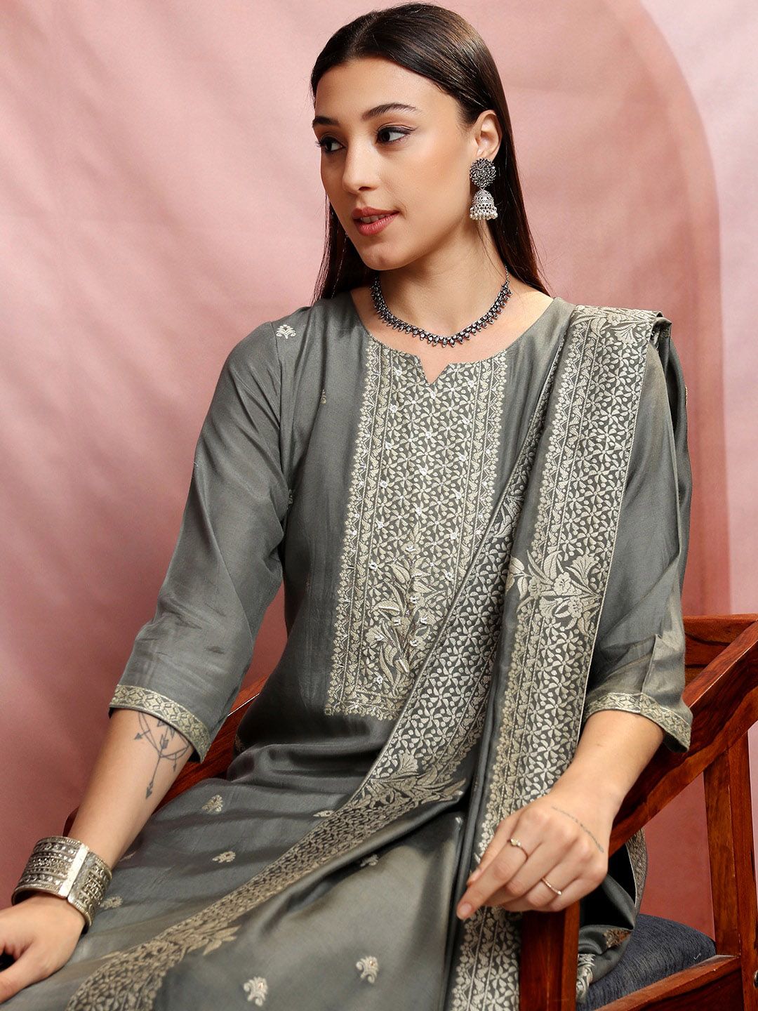 Vishudh Ethnic Motifs Embroidered Straight Pure Cotton Kurta & Trousers With Dupatta