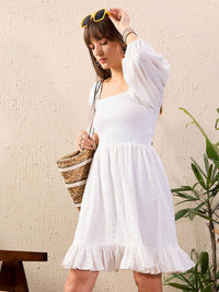 SASSAFRAS Pure Cotton Square Neck Smocked Fit & Flare Dress