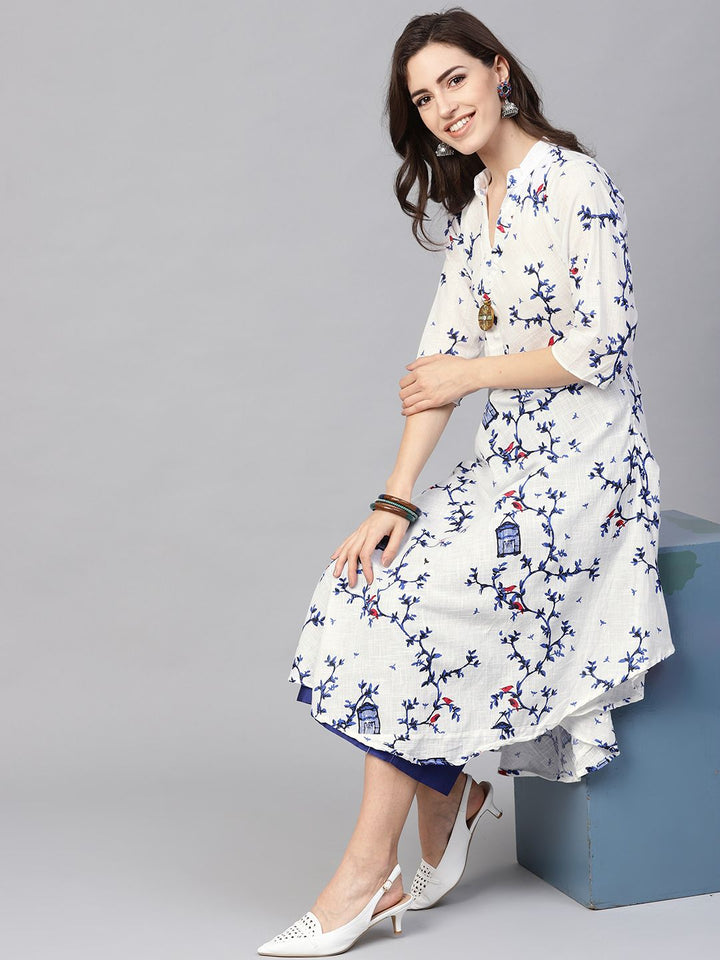 SOJANYA Kurta A-Line Bercetak Putih & Biru Wanita