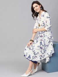 SOJANYA Kurta A-Line Bercetak Putih & Biru Wanita
