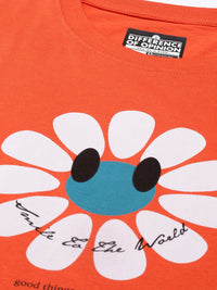 Difference of Opinion Women Orange Typography Printed Pure Cotton Oversized T-Shirt