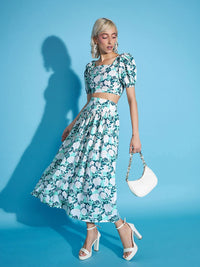 SASSAFRAS White Floral Crop Top With Flared Skirt