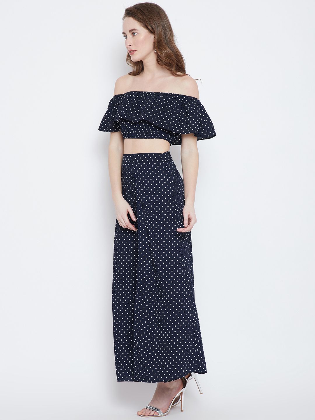 Berrylush Navy Blue Polka Dot Print Two-Piece Bardot Dress