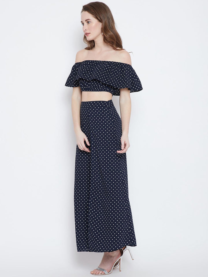 Berrylush Navy Blue Polka Dot Print Two-Piece Bardot Dress