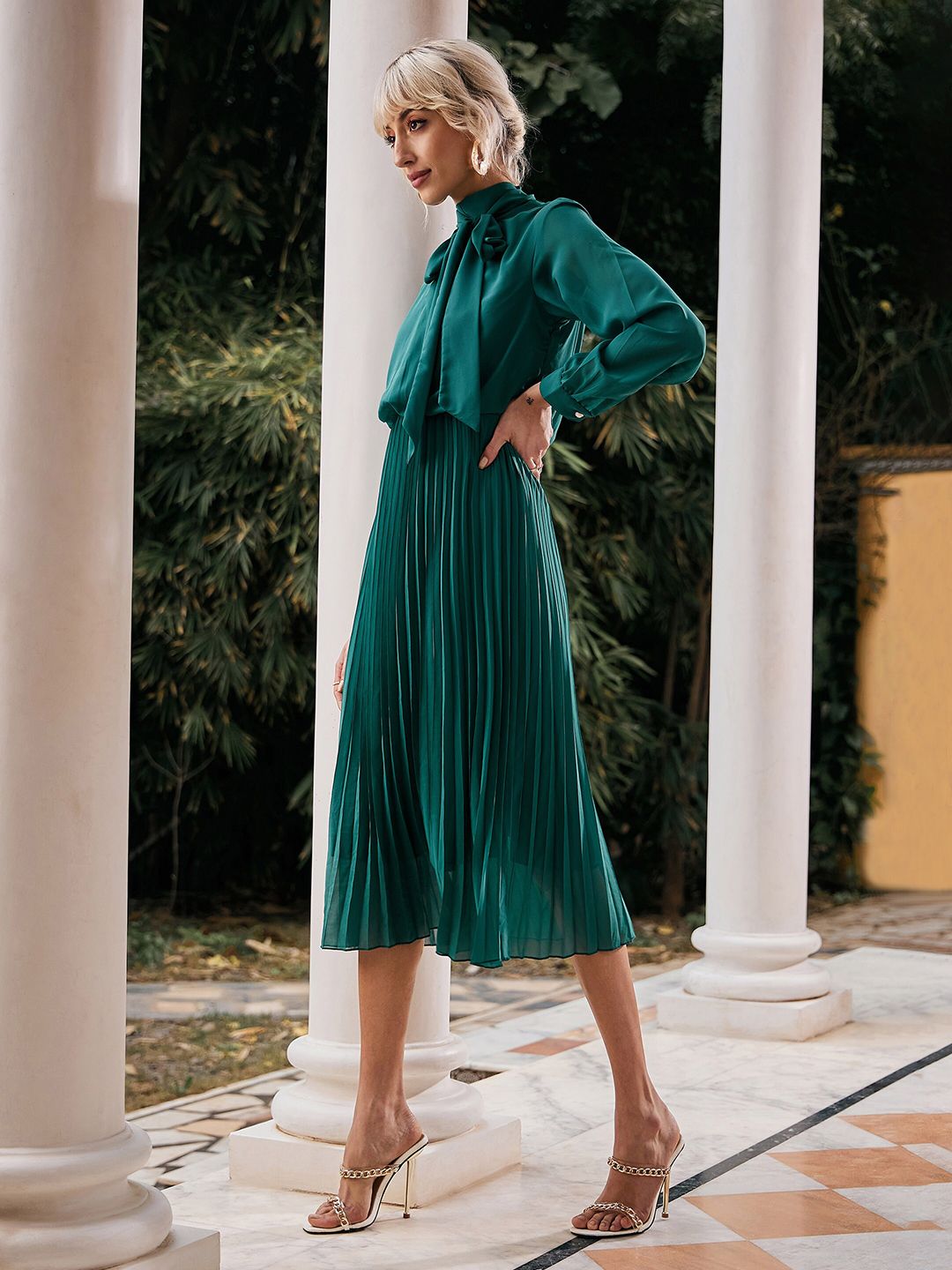 SASSAFRAS Tie-Up Neck Accordion Pleated Georgette A-Line Midi Dress