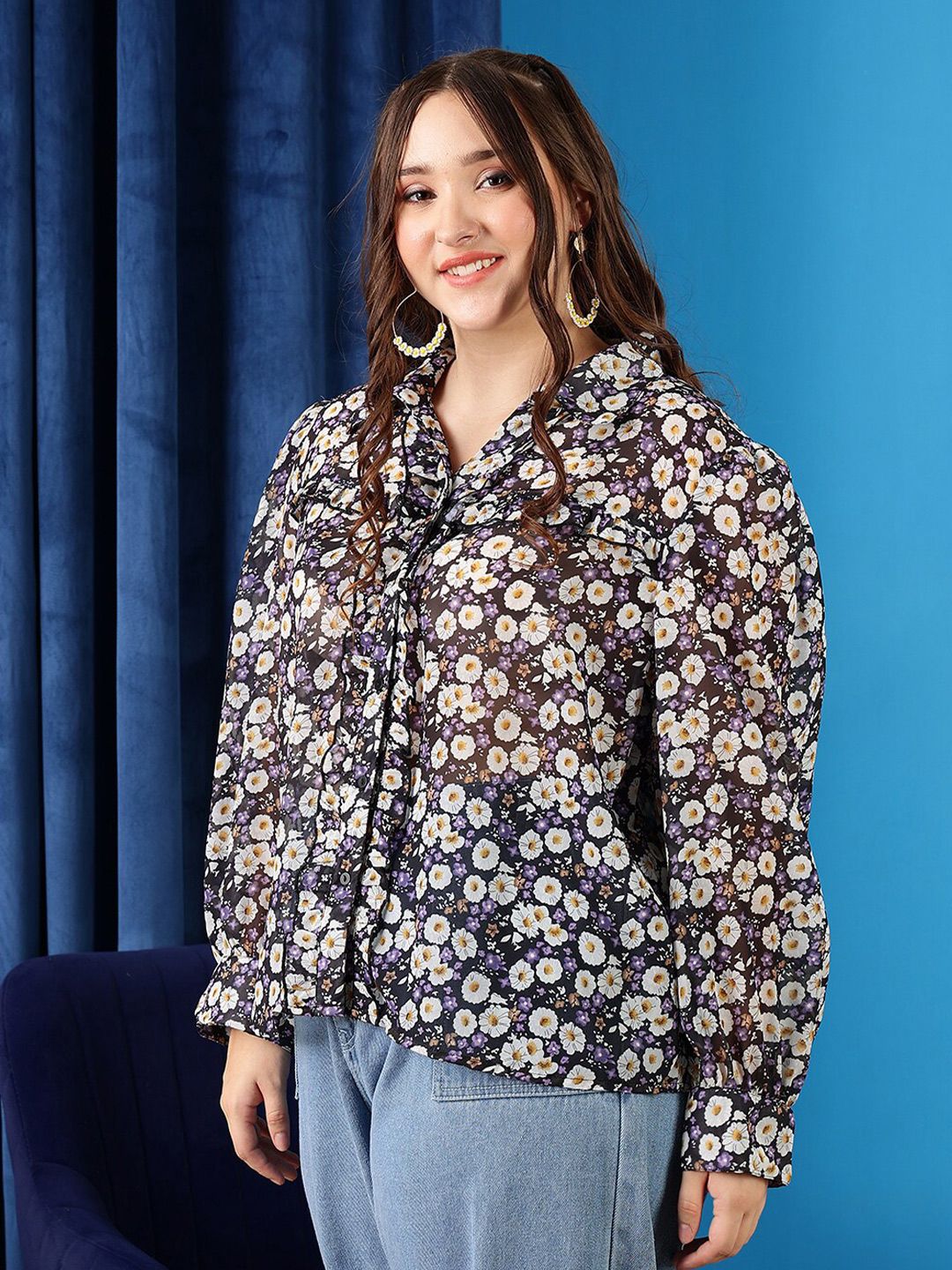 CURVY STREET Plus Size Black Comfort Floral Printed Ruffles Casual Shirt