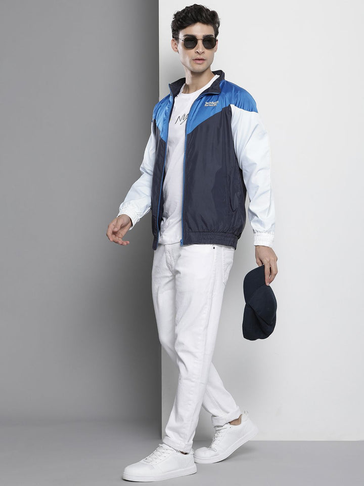 The Indian Garage Co Men Blue & White Colourblocked Windcheater Jacket