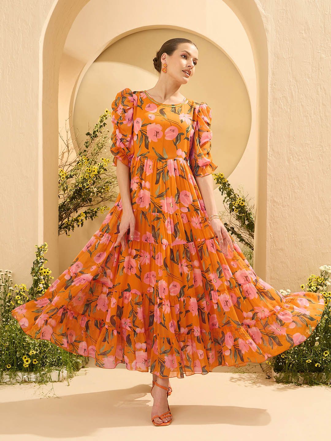 Antheaa Women Embellished Floral Printed Puff Sleeves Tiered Maxi Dress