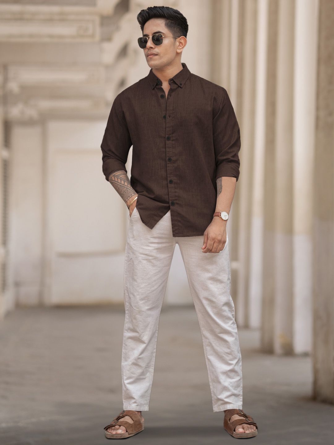 Powerlook Men Button-Down Collar Solid Cotton Casual Shirt