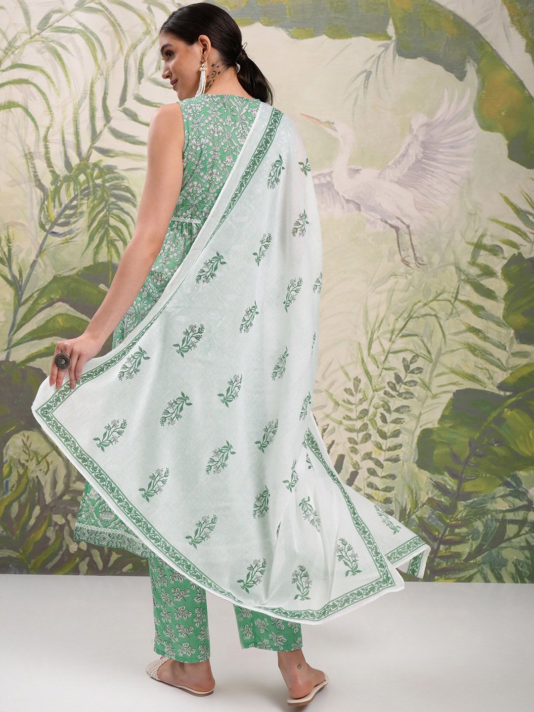 Vishudh White Floral Printed Gotta Patti Pure Cotton A-Line Kurta With Trousers & Dupatta