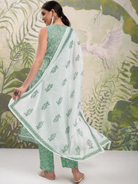 Vishudh White Floral Printed Gotta Patti Pure Cotton A-Line Kurta With Trousers & Dupatta