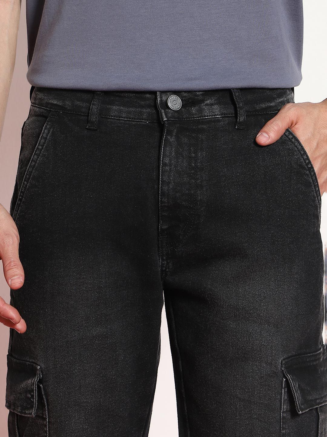 Urbano Fashion Men Black Regular Fit Washed Cargo Jeans With 6 Pockets Stretchable