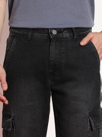Urbano Fashion Men Black Regular Fit Washed Cargo Jeans With 6 Pockets Stretchable